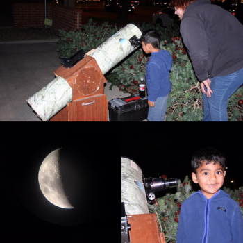 Photos of child looking into a telescope